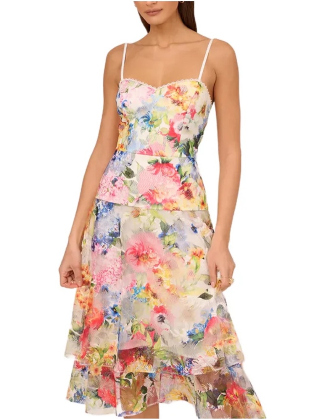 ADRIANNA PAPELL Printed Embroidered Floral Midi Dress Size 0 Romantic Tiered